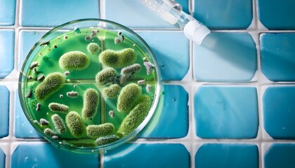 Bacteria growing on the surface of the bathroom; household chemical analysis in laboratory.