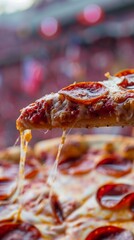 Wall Mural - Close-Up of Pizza Slice with Blurred Football Stadium Background