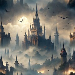 Wall Mural - Eerie Castles with Flying Bats Seamless Pattern. Perfect for: Halloween, gothic events, spooky stories