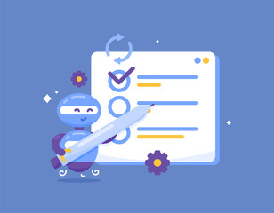 artificial intelligence technology concept. working on a to-do list with the help of an AI system. illustration of an assistant robot automatically doing work or tasks. flat style design. graphic elem