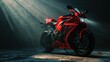 © Vlad - Sports Motorcycle. Red Vehicle with Front Wheel in Spotlight