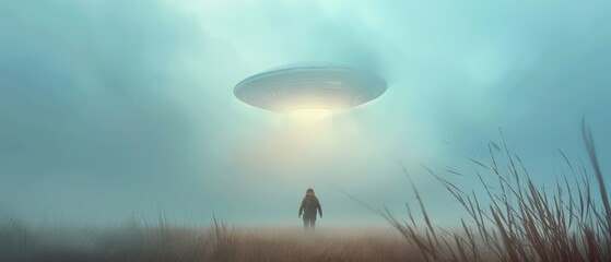 Wall Mural - A man is walking through a field with a large, alien-like object in the sky. The sky is cloudy and the grass is tall. Scene is mysterious and otherworldly