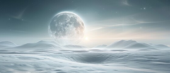 Wall Mural - A large moon is in the sky above a snowy landscape. The sky is dark and the moon is the only light source
