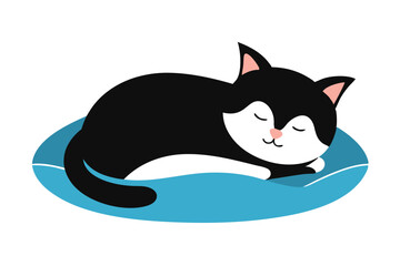 Black and White Cat Sleeping on Pillow Vector Illustration for Cat Day.