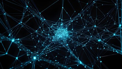 A blue and white image of a web of lines and dots