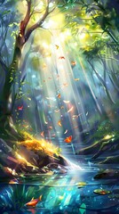 Sticker - Enchanting Forest Stream With Butterflies and Sunlight.