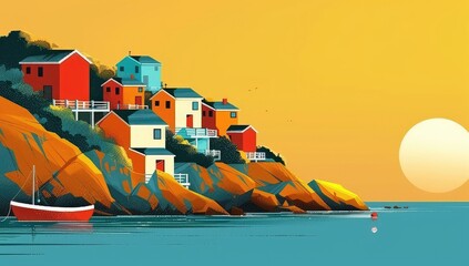 Canvas Print - Coastal Village Houses at Sunset.