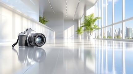 Poster - Camera on a sleek white floor with a view of the city.