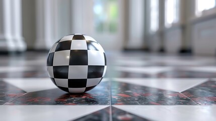 Wall Mural - A black and white ball with a checkered pattern sits on a marble floor