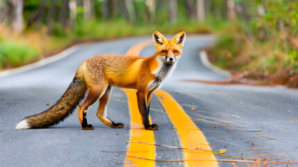 Wall Mural - A fox standing on the edge of an asphalt road 