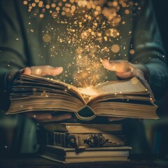 A pair of hands of an unspecified gender reveal magic from an open book, surrounded by glowing sparkles in a dimly lit setting.