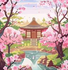 Wall Mural - Watercolor vector landscape of cherry blossoms in japanese park