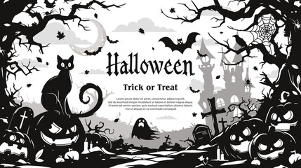 Wall Mural - Halloween background with black cat, pumpkin, bats, cemetery and castle. Vector illustration.