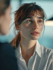 A woman in a white shirt gazes at a man, likely a romantic or social encounter