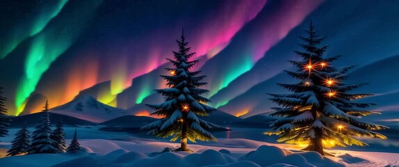 Poster - Landscape with Christmas trees against the background of the aurora borealis