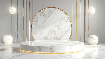 Wall Mural - White Marble and gold abstract background with Generative Ai. Product display podium.