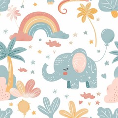 Wall Mural - This is a seamless pattern of elephants and palm trees for kids. It is a cute birdy wall art print for baby boy and girl. It is a modern print in very nice scandinavian style.