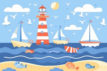 Wall Mural - An ocean landscape with a cute ship and cruiser. Cartoon sailboat trip with a lighthouse. Modern banner with sea adventures today, on a horizontal background.