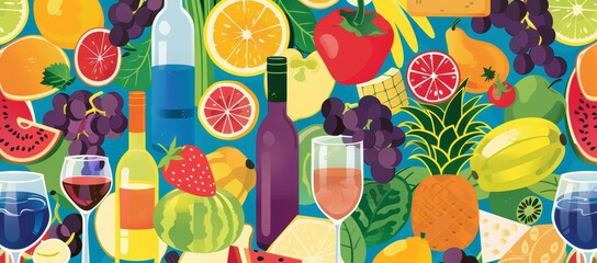 Wall Mural - Abstract geometric food in square tiles. Bauhaus-inspired flat fruits, drinks, and vegetables. Restaurant or farm market giant decent modern background.