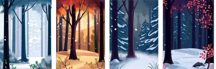 Poster - Forest landscape in spring, summer and autumn. Beautiful trees and bushes. Vector. Flat cartoon style.