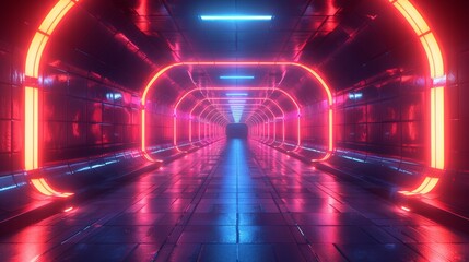 Wall Mural - futuristic metallic tunnel glowing with red and blue neon lights, creating a sense of depth and myst