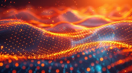 Sticker - Abstract Digital Waves With Orange and Blue Lights at Dusk