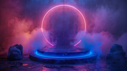 Empty futuristic podium illuminating dark grunge concrete room with smoke and neon lights for product placement