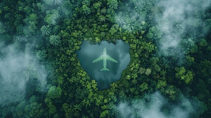 Wall Mural - A green plane is flying over a forest with a large body of water