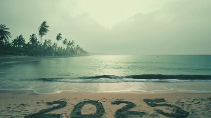 Wall Mural - A beach with palm trees and a large body of water. The beach is covered in footprints and the number 2025 is written in the sand.