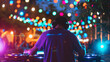 © Anastasia - A dj is mixing music at a vibrant outdoor party, surrounded by colorful string lights and an excited crowd. The atmosphere is lively and festive during the night event
