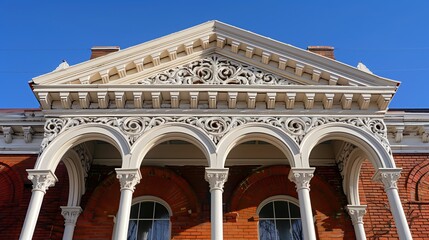 Wall Mural - A close-up view of the upper facade of a historic building, featuring intricate architectural details. 