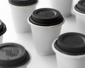 Wall Mural - Close-up of white and black paper coffee cups with lids, isolated on a white background, ideal for design mockups.