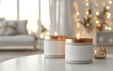 Elegant lit scented candle jars in a cozy living room with golden accents and soft bokeh lighting, ideal for creating a warm, relaxing atmosphere. 