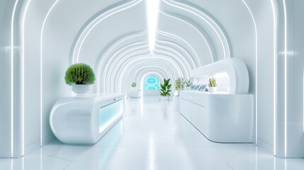 Wall Mural - A futuristic lab where robotic assistants glide silently among sleek, minimalist workstations