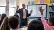 © Oscar - A dynamic teacher enthusiastically engages with students in a modern classroom, using a whiteboard for visual aids. Students actively participate by raising their hands.