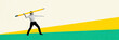 © master1305 - Businessman throwing pencil like javelin symbolizing dynamic strategic, innovations, achieving new horizons. Contemporary art collage. Concept of business, achievement, success. Banner