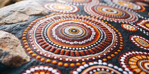 aboriginal dot painting on rock. close-up of traditional aboriginal dot art with vibrant colors and 