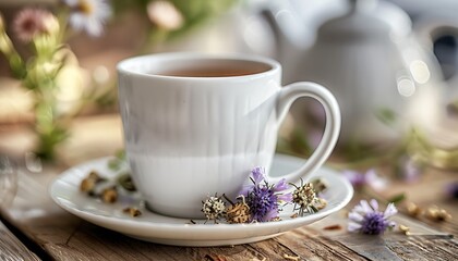 Wall Mural - Close-up of white ceramic mug with herbal tea, dried flowers on saucer, wooden table, blurred teapot.