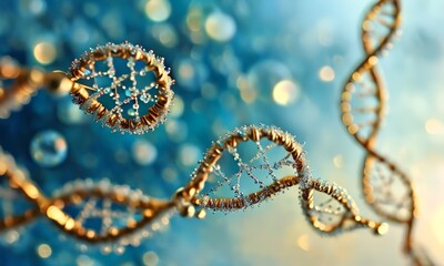 close-up view DNA double helix, with intricate patterns and blurred blue background, conveying sense