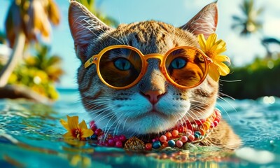  cat wearing sunglasses and flower necklace swims in pool, surrounded by palm trees and clear blue sky.