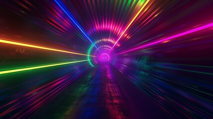 Wall Mural - An abstract tunnel with a dark interior, featuring radiant beams of rainbow light leading into the distance