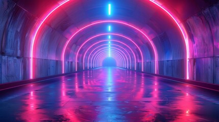 Wall Mural - futuristic tunnel with a wet floor reflecting pink and blue neon lights leading to a glowing light a