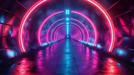 Wall Mural - futuristic tunnel glowing with blue and pink neon lights, leading to a bright light at the end