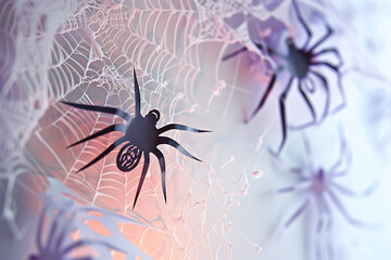 A paper craft spider web with three spider silhouettes on it