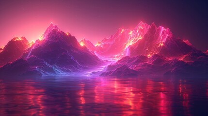 Mountain range is glowing pink and purple at night, reflected in perfectly still water