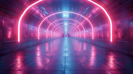 Wall Mural - empty futuristic tunnel with glowing pink neon lights is reflecting on the wet tiled floor