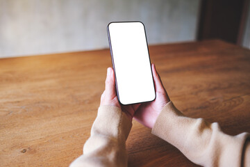 Wall Mural - Mockup image of a woman holding mobile phone with blank desktop screen