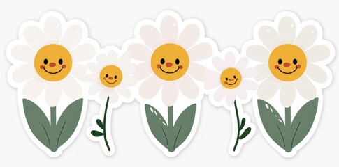 Wall Mural - Sticker design of smiling chamomile flowers with adorable faces and green leaves on white background - Generative ai