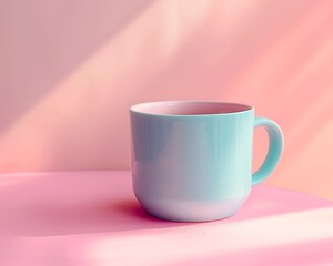 Wall Mural - Coffee cup in cyan on a pink table, pastel backdrop, wide-angle lens, natural lighting, web design.