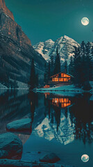 Wall Mural - The cozy cabin glows warmly beside a tranquil lake, surrounded by towering mountains under the full moonlight